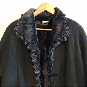 Real Shearling Coat Sued Mod New York Black Genuine Leather jacket sz L